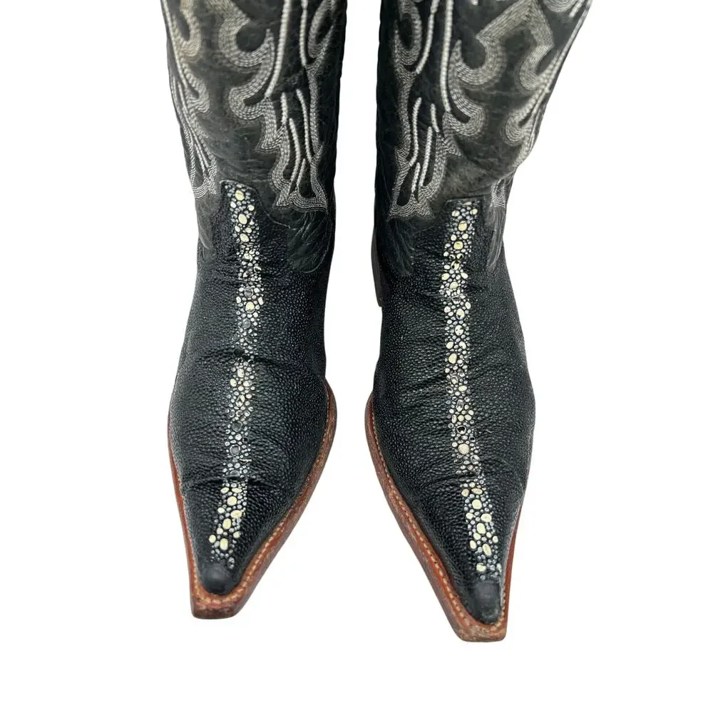 Los Altos Black Stingray Leather Cowboy Boot Mens 9.5 Black Stone Long Snip Toe